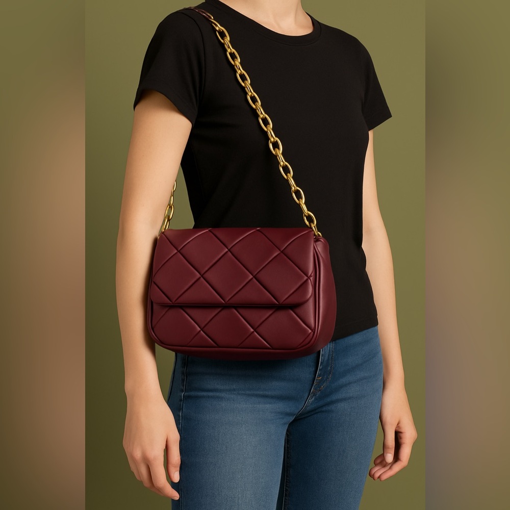 NEW Elegant Burgundy Quilted Shoulder Bag